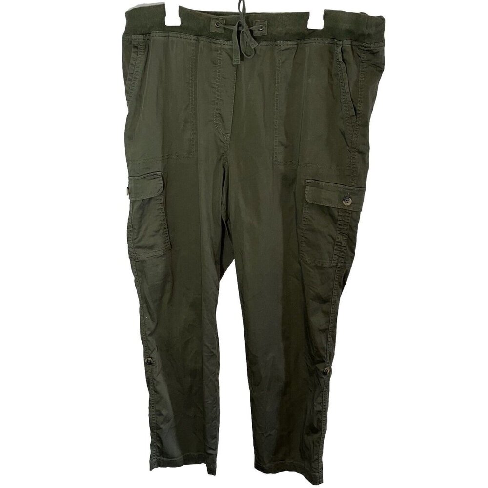 Denim 24/7 Cargo Capri Pants Elastic Waistband Pockets Army Green Adj Legs Sz 18